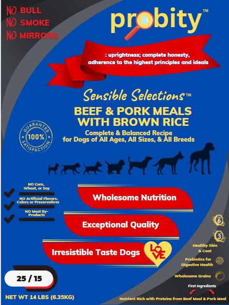 14lb Probity, Sensible Selections Beef & Pork Meals with Brown Rice Recipe for Dogs